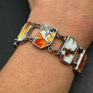Sterling Silver 925 Floral Pottery Panel Link Bracelet 7”
